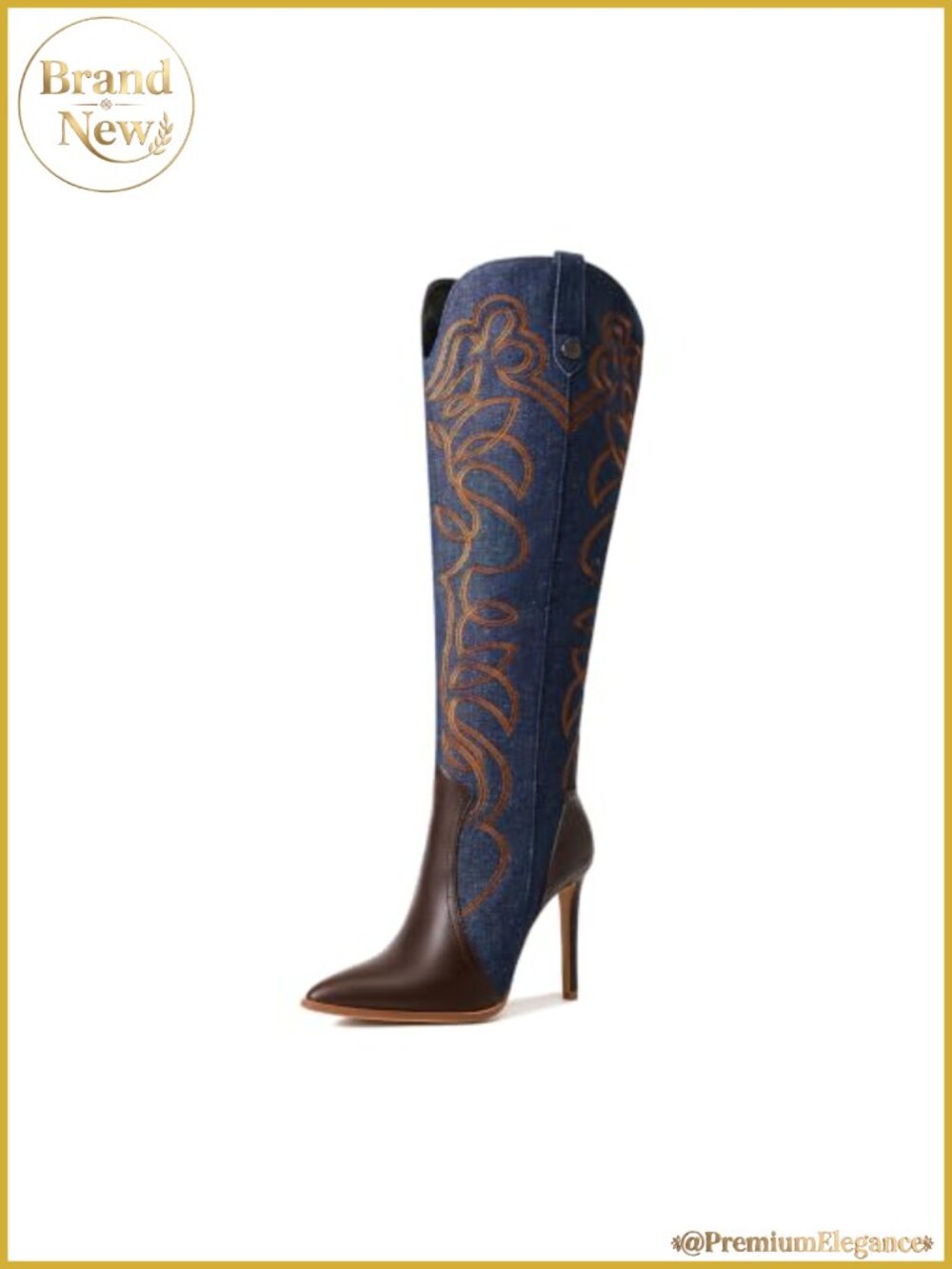 Knee High Stiletto Heel Pointed Toe Side Zipper Denim Boots
